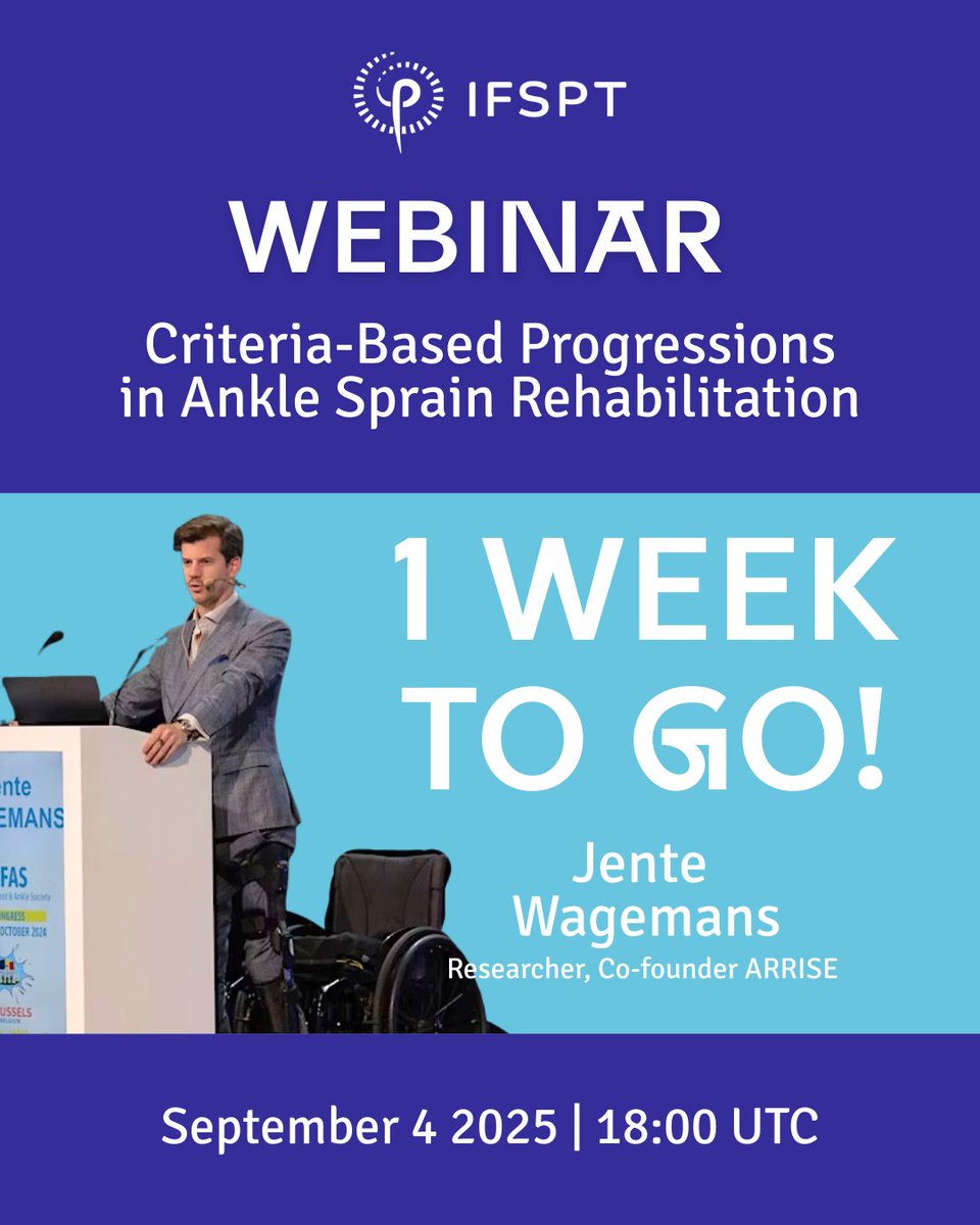IntFSPT's tweet image. 🚨 1 Week to Go!

Don&apos;t miss Webinar #3: Criteria-Based Progressions in Ankle Sprain Rehab with @JenteWagemans.

📅 4 Sept | 🕒 18:00 UTC 
 🎥 Live + replay | ⏱️ 60min lecture + 30min Q&amp;amp;A

🎟️ Register now as limited spots are available: eventbrite.co.uk/e/criteria-bas…