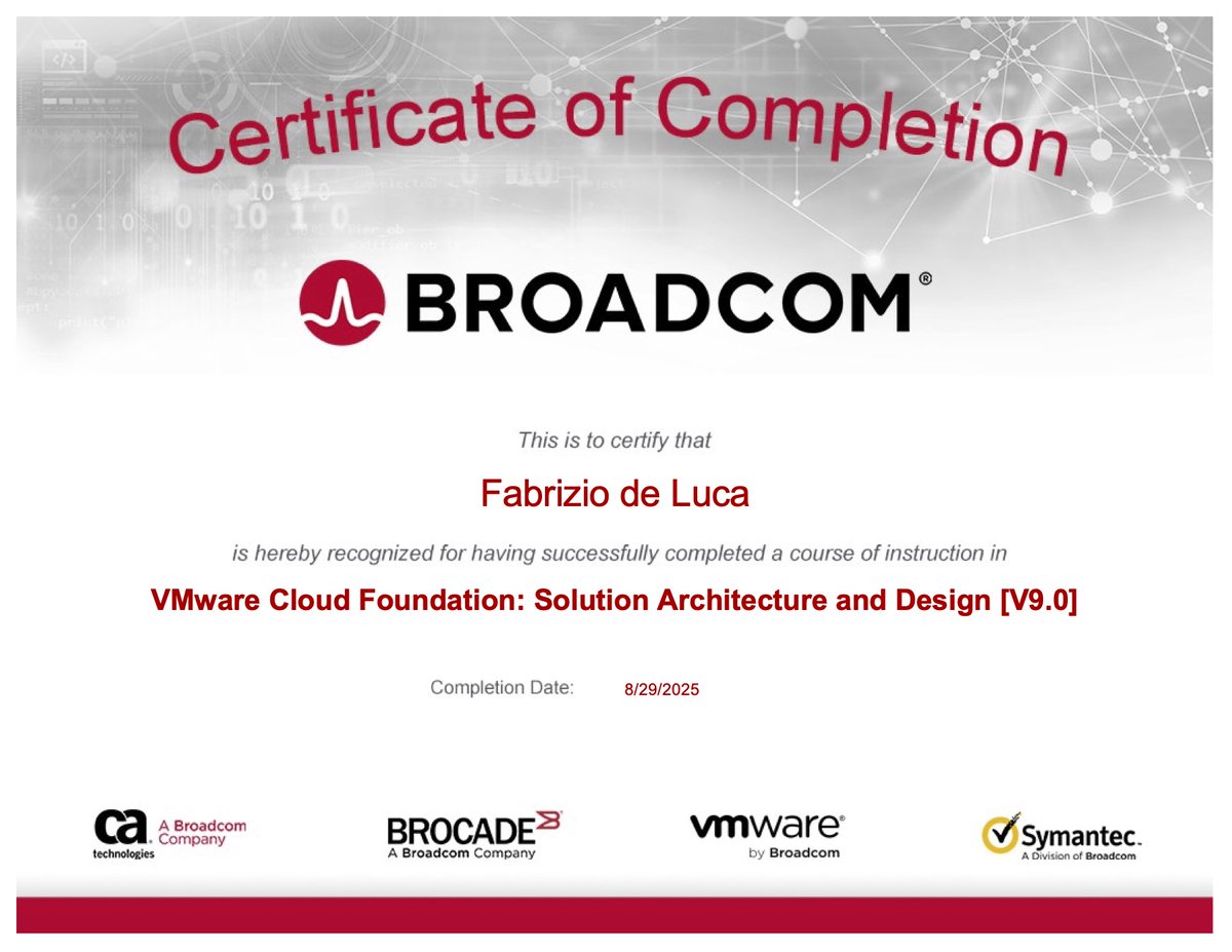 fdlsistemi's tweet image. [📚Train-The-Trainers👨‍🏫]  
Getting ready for what&apos;s coming next!  
VMware Cloud Foundation: Solution Architecture and Design [V9.0]

@VMware by @Broadcom @VMwareEducation @VCIprogram
#VMware by #Broadcom #VMwareVCF #VCF9 #VMwareEducation #VCIprogram
[1/3]