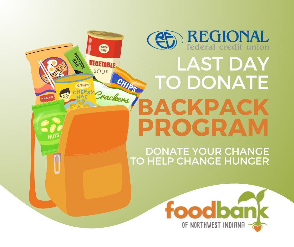 REGIONALFCU's tweet image. Today is the LAST DAY to donate to help the Food Bank of NWI with their Backpack program. The program is designed to provide children in need with food for the weekend and vacations.

DONATE HERE: paypal.com/paypalme/BUSDo…

#FoodbankofNWI #BackPackProgram #FallFundraiser