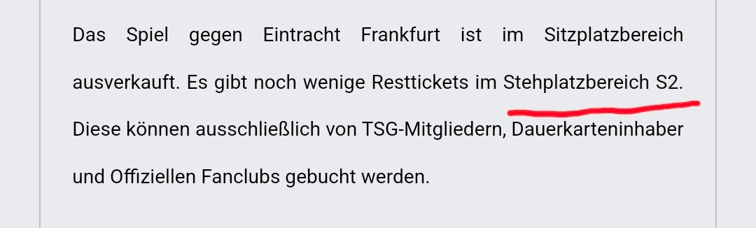 Das halt auch pures Gold. Das Spiel ist ausverkauft- bis auf den Stehplatzbereich, der Heimfans.

Das kannst du dir nicht ausdenken.......
#SGE #Tsgsge