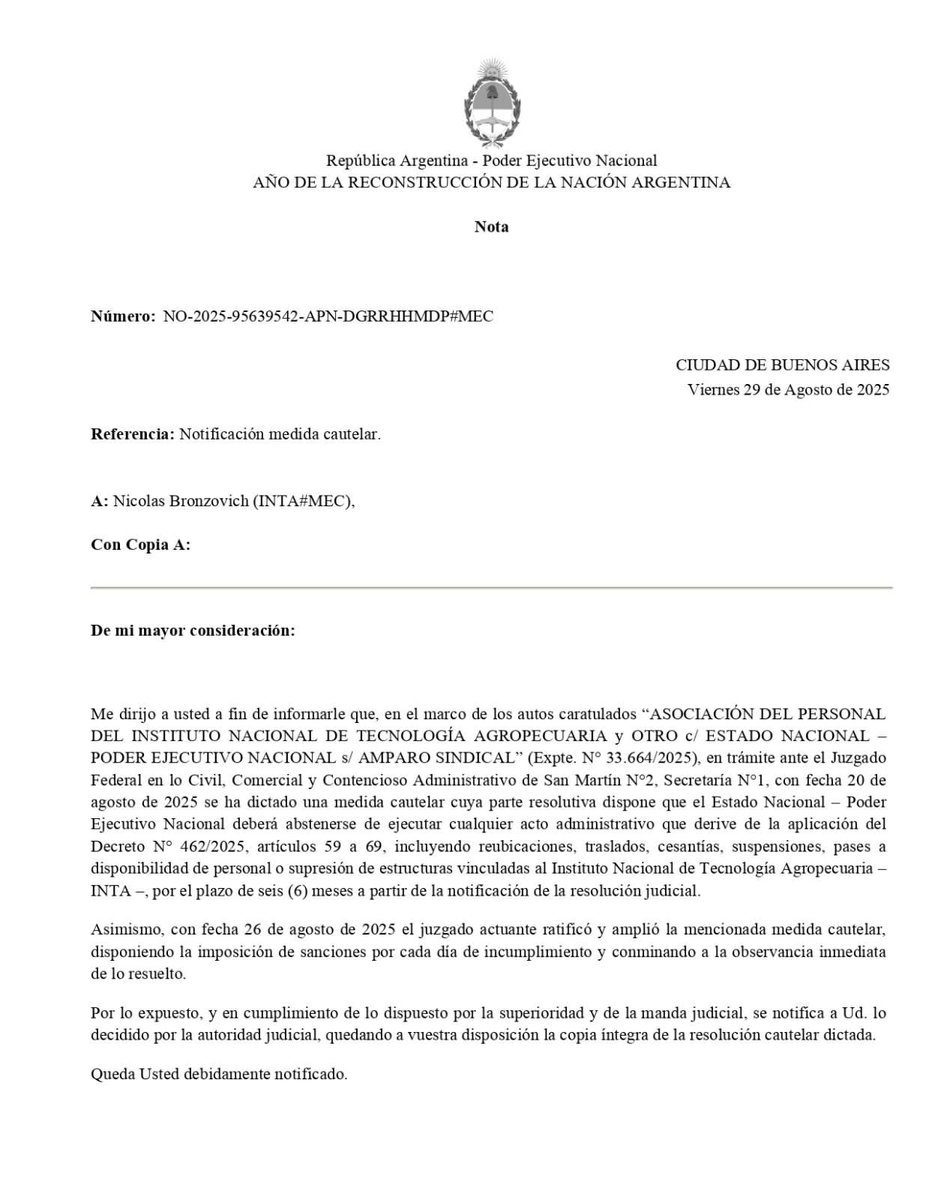 APINTA_Nacional's tweet photo. ⭕️ El Gobierno informó que acatará la resolución judicial que suspende la medida.

💪🏻 LUCHAR SIRVE 🧡

#apinta #inta #trabajadores #trabajo #trabajador #estado https://t.co/MBbao16m9B