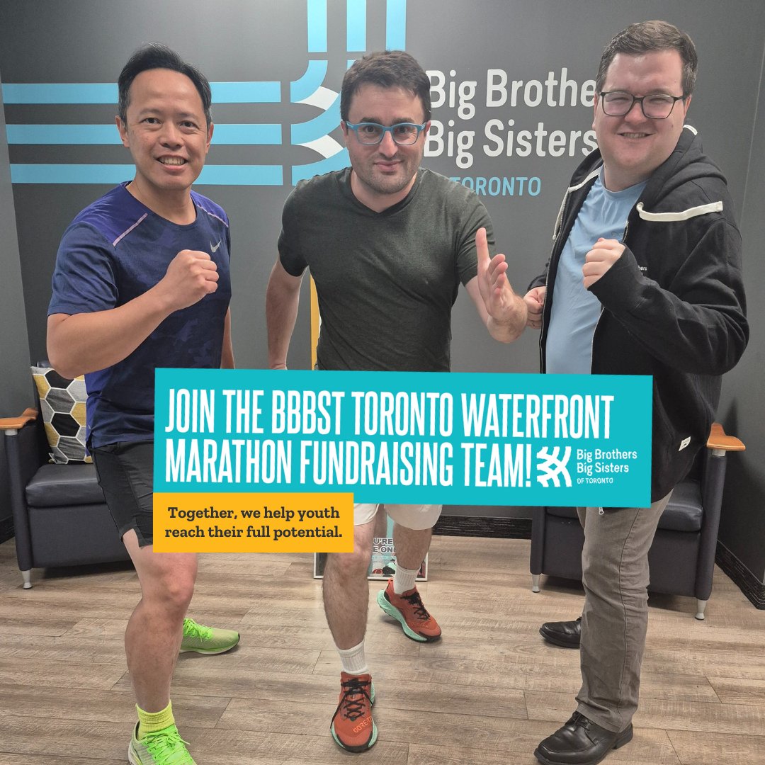 Sunny, Mustafa &amp; Ben from Team BBBST are gearing up for the #TorontoWaterfrontMarathon! We’re running for youth across Toronto – and you can join us. 

Run with us or donate today: ow.ly/pTkn50WJKpT

#BBBST #chooseTOrun #TOwaterfront42K