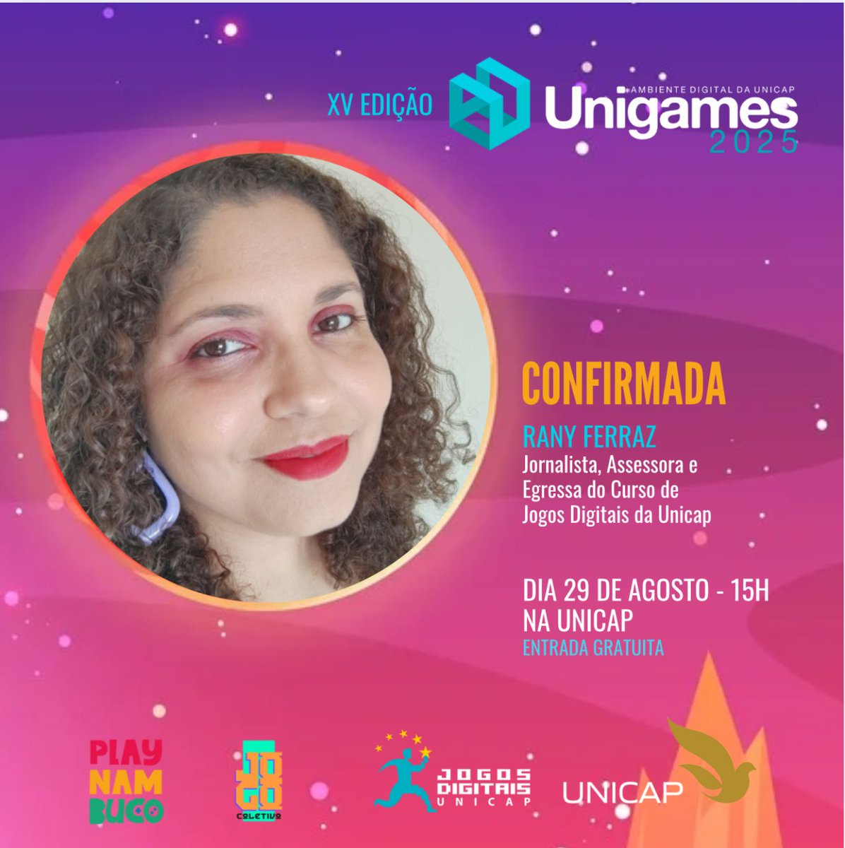 Fui convidada pra falar sobre as minhas experiências profissionais em comunicação e marketing na indústria de jogos no Unigames 2025, evento do curso de Jogos Digitais da Unicap 💖