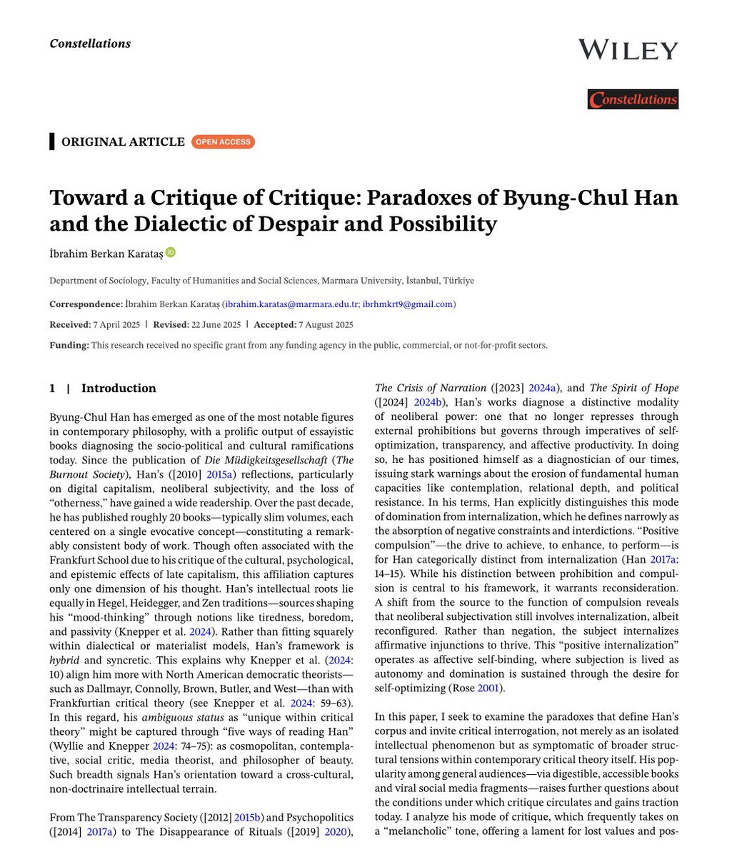 Rythme Subversif (@snnomade) on Twitter photo Günümüz sosyal ve beşeri bilimlerin en popüler isimlerinden Byung-Chul Han’ı sistematik ve bütüncül bir şekilde eleştiren makalem açık erişim olarak yayımlandı. Üç yıllık bir düşünsel emeğin sonucu. İstifade edeni bol olsun. 
Tamamı için PDF Link: onlinelibrary.wiley.com/doi/epdf/10.11… Günümüz sosyal ve beşeri bilimlerin en popüler isimlerinden Byung-Chul Han’ı sistematik ve bütüncül bir şekilde eleştiren makalem açık erişim olarak yayımlandı. Üç yıllık bir düşünsel emeğin sonucu. İstifade edeni bol olsun. 
Tamamı için PDF Link: onlinelibrary.wiley.com/doi/epdf/10.11…