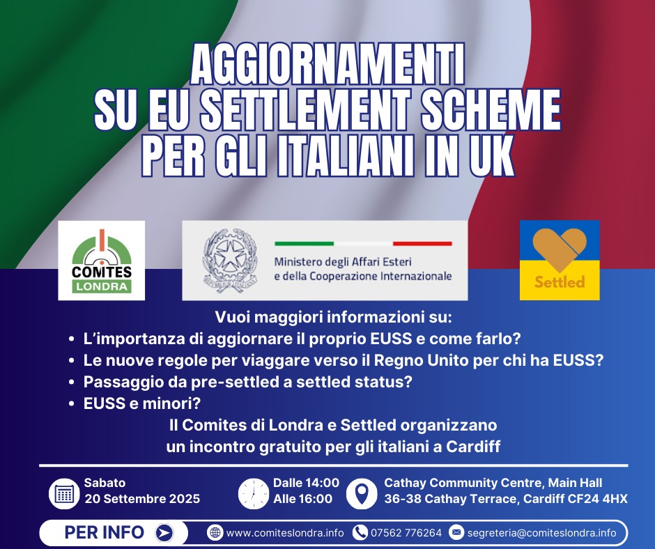 Hai bisogno di aiuto con l'EU Settlement Scheme? Vieni al nostro evento gratuito a Cardiff!

Partecipa all'incontro informativo a ingresso libero (non serve prenotare) oppure prenota un appuntamento individuale con un esperto di Settled per un'assistenza personalizzata.