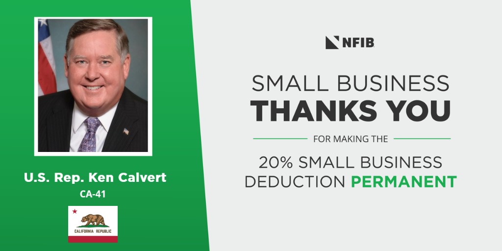NFIB's tweet image. 33 million #smallbusinesses were facing a massive tax hike at the end of 2025. @KenCalvert voted to stop the tax hike by making the 20% Small Business Deduction permanent. Thank you, Congressman! 

Learn more: nfib.com/news/press-rel…