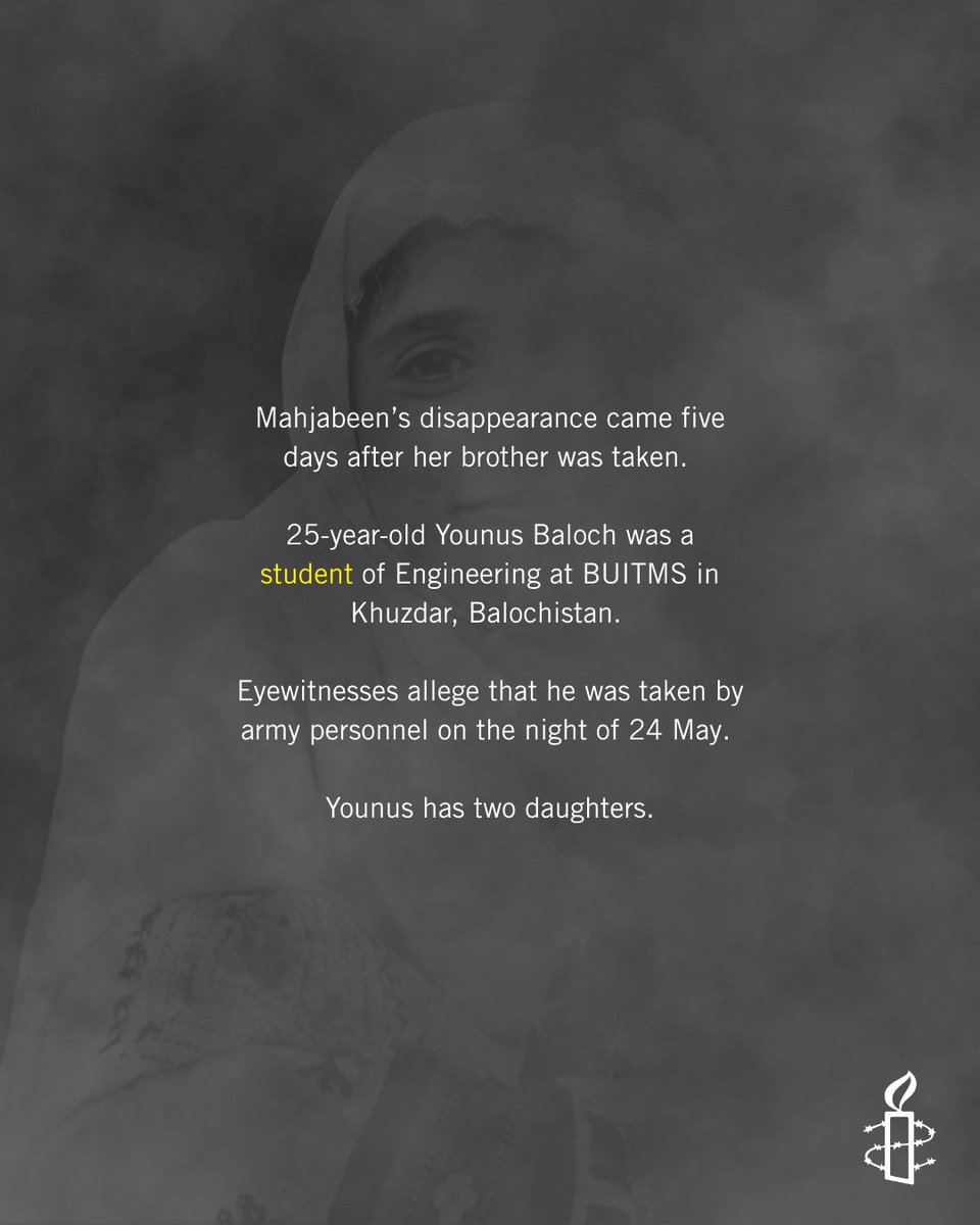 amnestysasia's tweet image. PAKISTAN: Mahjabeen Baloch, a 23-year-old student, was abducted from her hostel on 29 May 2025. Just five days ago, her brother Younus Baloch was forcibly disappeared.

Their family, parents and sister, have no information about their whereabouts.

They are waiting for the…