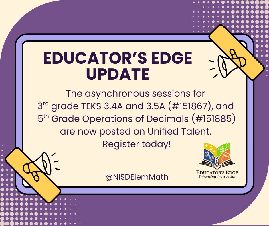 📢 Great news for 3rd and 5th grade teachers! The latest asynchronous sessions for Educator's Edge have been posted on Unified Talent. Dive in and sharpen your teaching skills on your own schedule! #EducatorsEdge #PDonDemand