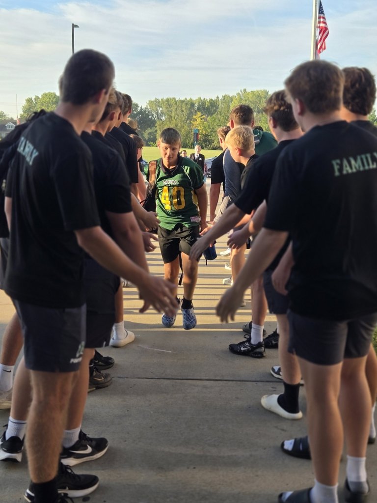 Members of the MHS Spoofhound Football team hyped up middle schoolers this morning as they started their today. The Hounds open their season tonight with a home game! Good luck, Hounds!! 💚💛💚 <a href="/HoundsCoachH/">Matt Houchin</a>