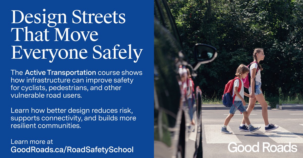 Let’s make our streets safer for everyone on wheels or feet. Join Road Safety School’s Active Transportation course to build connected, safe networks for all ages. 
Learn design, planning &amp; community engagement from experts. Sign up now: goodroads.ca/courses/road-s…
#SafeStreets