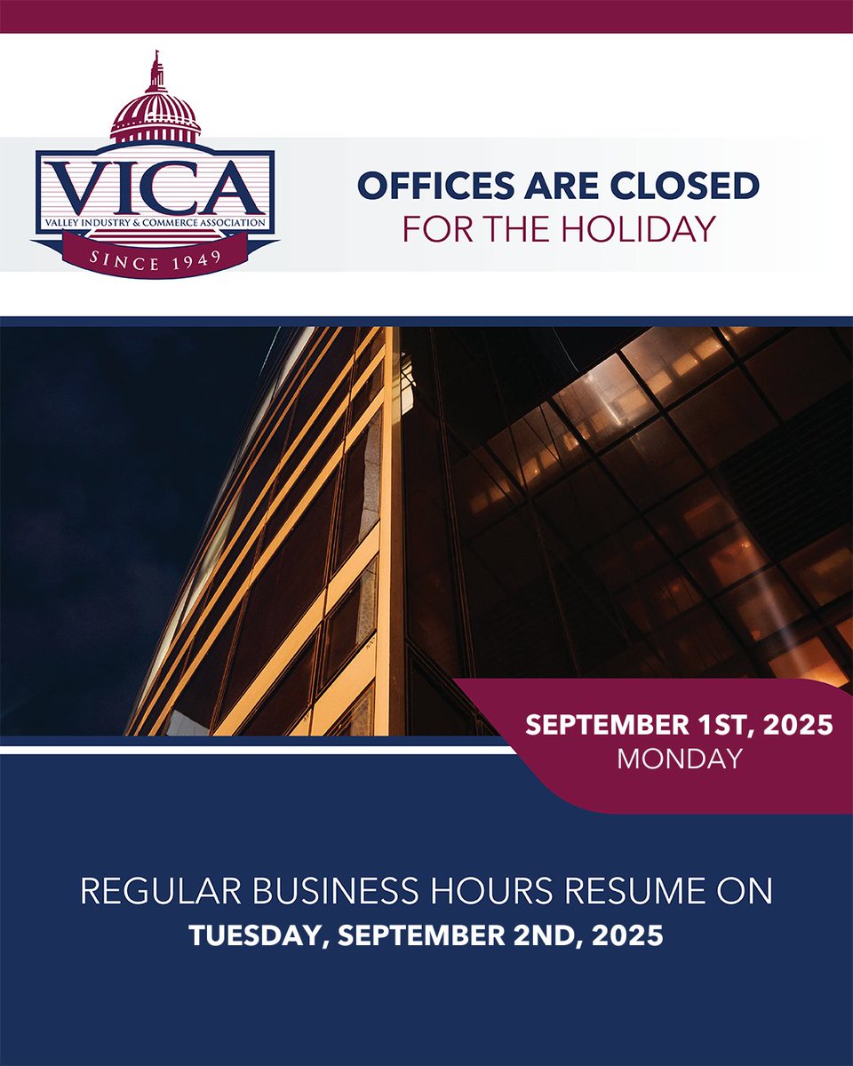 A friendly reminder that the VICA office is closed on Monday, September 1st, in observance of Labor Day. 

Regular hours will resume Tuesday, September 2nd.

#LaborDay #VICA #SanFernandoValley #LosAngeles