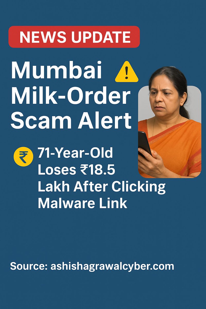 cyberadvashish's tweet image. 🚨 Mumbai Milk-Order Scam Alert 🥛
  A 71-year-old woman in Wadala lost ₹18.5 lakh after clicking a fake milk delivery link. Hackers took remote control of her phone &amp;amp; drained her accounts.
Full story 👉 ashishagrawalcyber.com/mumbai-milk-or…
#CyberAwareness #MumbaiScam #phishingawareness
