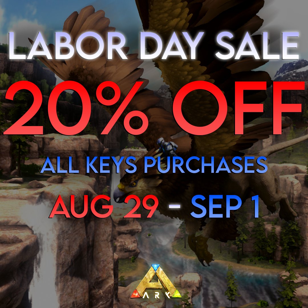 This weekend only in celebration of Labor Day, all keys purchases are 20% off! There's never a better time to get your hands on premium cryopods, buffs to make farming faster, or speed up taming some cool new dinos!

Sale ends September 1st, so get them quick, Survivors!