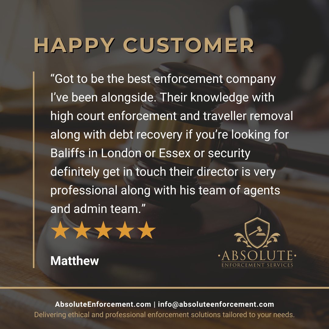 ⭐️⭐️⭐️⭐️⭐️
Proud to deliver trusted enforcement &amp; security services across London &amp; Essex.

#AbsoluteEnforcement #CustomerReview #HighCourtEnforcement