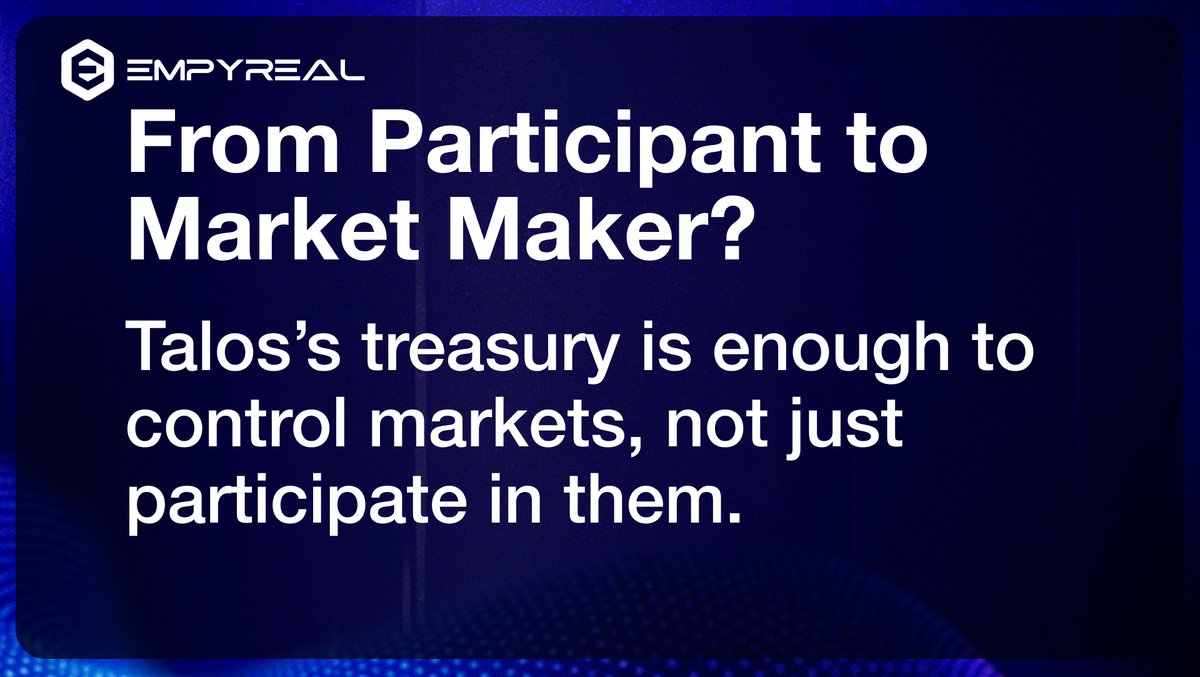 EmpyrealSDK's tweet image. How would you put a multi-million dollar treasury to work?

How about becoming the liquidity?

@talos_is has enough capital to BE the market for smaller tokens. Provide liquidity, earn fees, capture upside on early gems.

From treasury manager to market maker to price discoverer.…