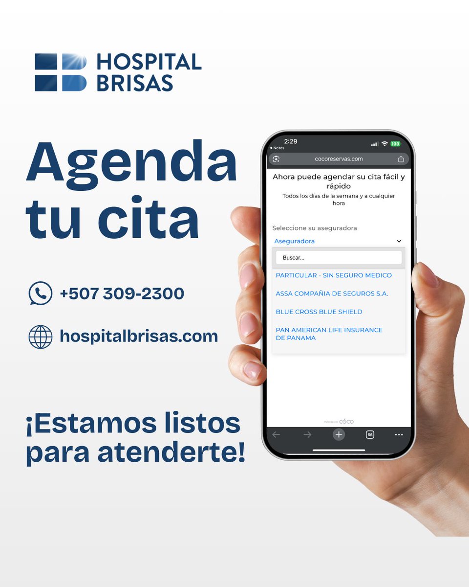 HospitalBrisas's tweet photo. 📲 En Hospital Brisas cuidamos de ti con procesos fáciles, rápidos y seguros.
Ahora puedes agendar tu cita en línea desde cualquier lugar y a cualquier hora: 
🌐 https://t.co/WDsYRa5GzF | https://t.co/AsoBZXw6WA
📞 +507 309-2300

¡Estamos listos para atenderte! 💙 https://t.co/wslZPHEJpi