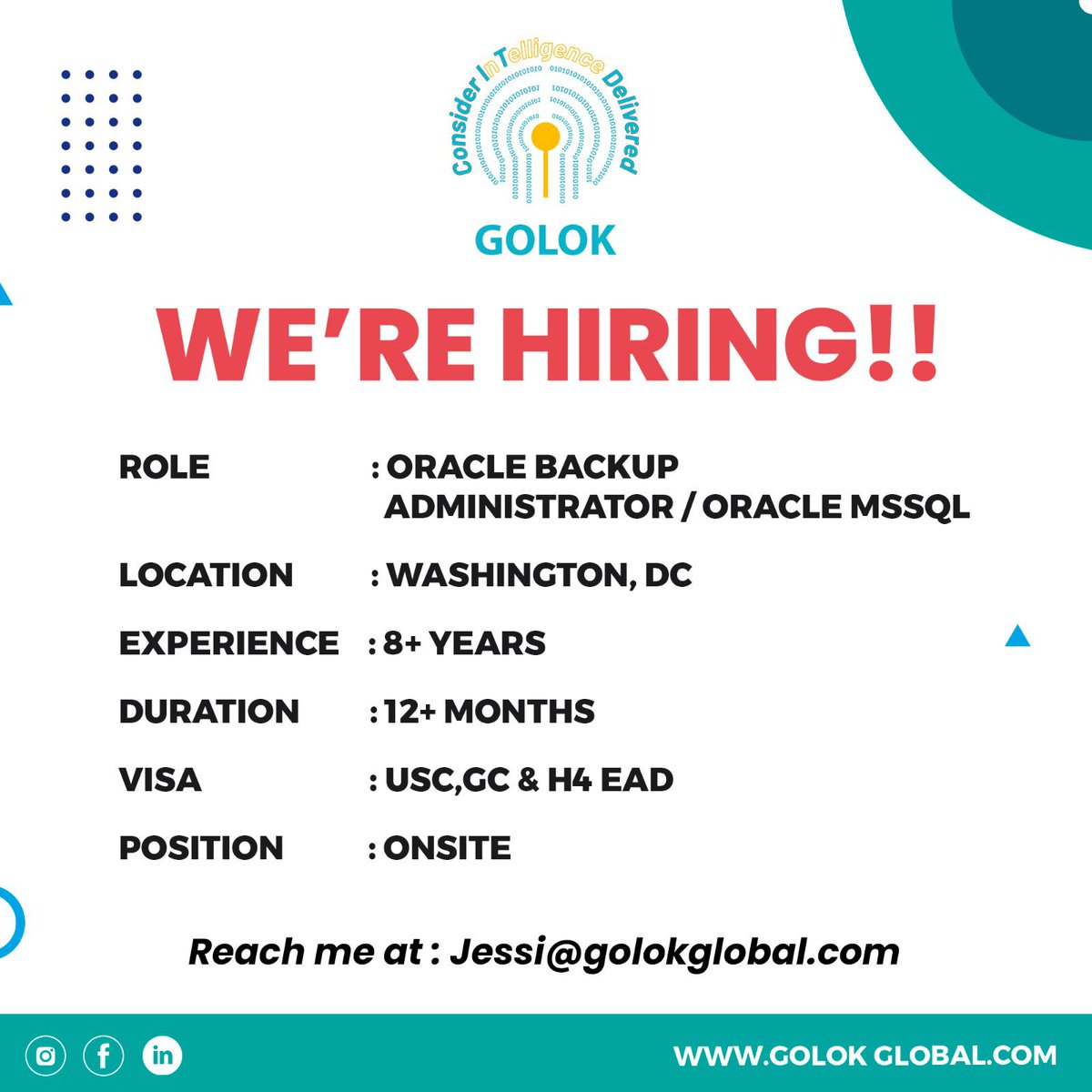 GolokGlobal's tweet image. 🚨 We&apos;re Hiring: Oracle &amp;amp; MSSQL /Oracle Backup Administrator

 📍 Location Washington, D.C

 💼 On-site 

send your CV to: Jessi@golokglobal.com

#Oracle #MSSQL #DatabaseJobs #SQLServer #OracleDBA #TechJobs #Hiring #NowHiring #DatabaseConsultant #WashingtonDC