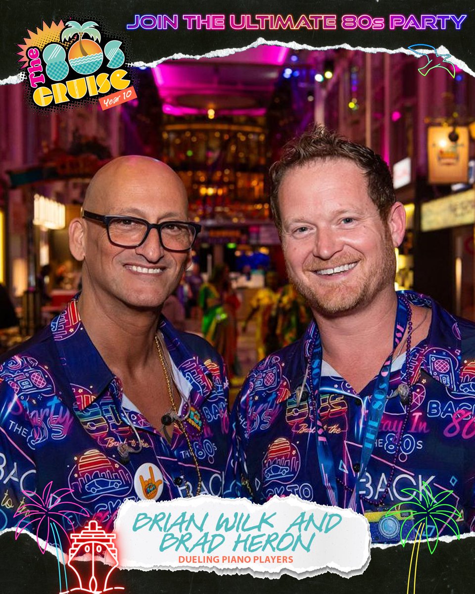 Welcoming back a few fan favorites for Year 10! It wouldn’t be an #80s party without Solo Guitarist Kevin Hamel and our Dueling Piano Players, Brian Wilk and Brad Heron. #OnlyOnThe80sCruise