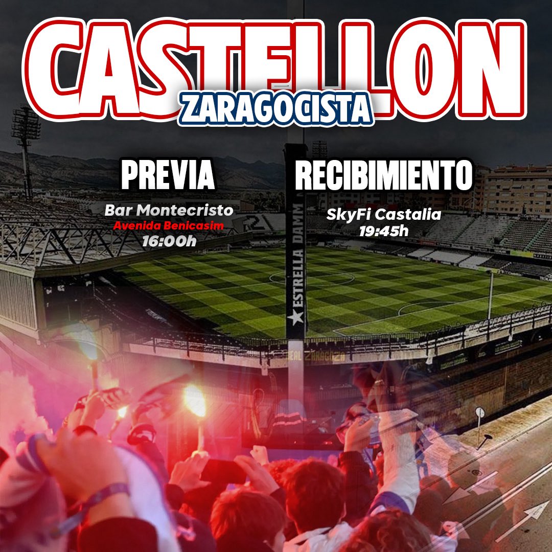 ‼️‼️ ℤ𝔸ℝ𝔸𝔾𝕆ℂ𝕀𝕊𝕋𝔸𝕊‼️‼️
Se prepara gran 𝐏𝐑𝐄𝐕𝐈𝐀 en Castellón y 𝐑𝐄𝐂𝐈𝐁𝐈𝐌𝐈𝐄𝐍𝐓𝐎 para apoyar al equipo.
🏟️Bar Montecristo (enfrente del Sky-fy Castalia)
maps.app.goo.gl/tUR2X1k4atKw3j……
⏰ 16:00h
#RealZaragoza #Goldepie