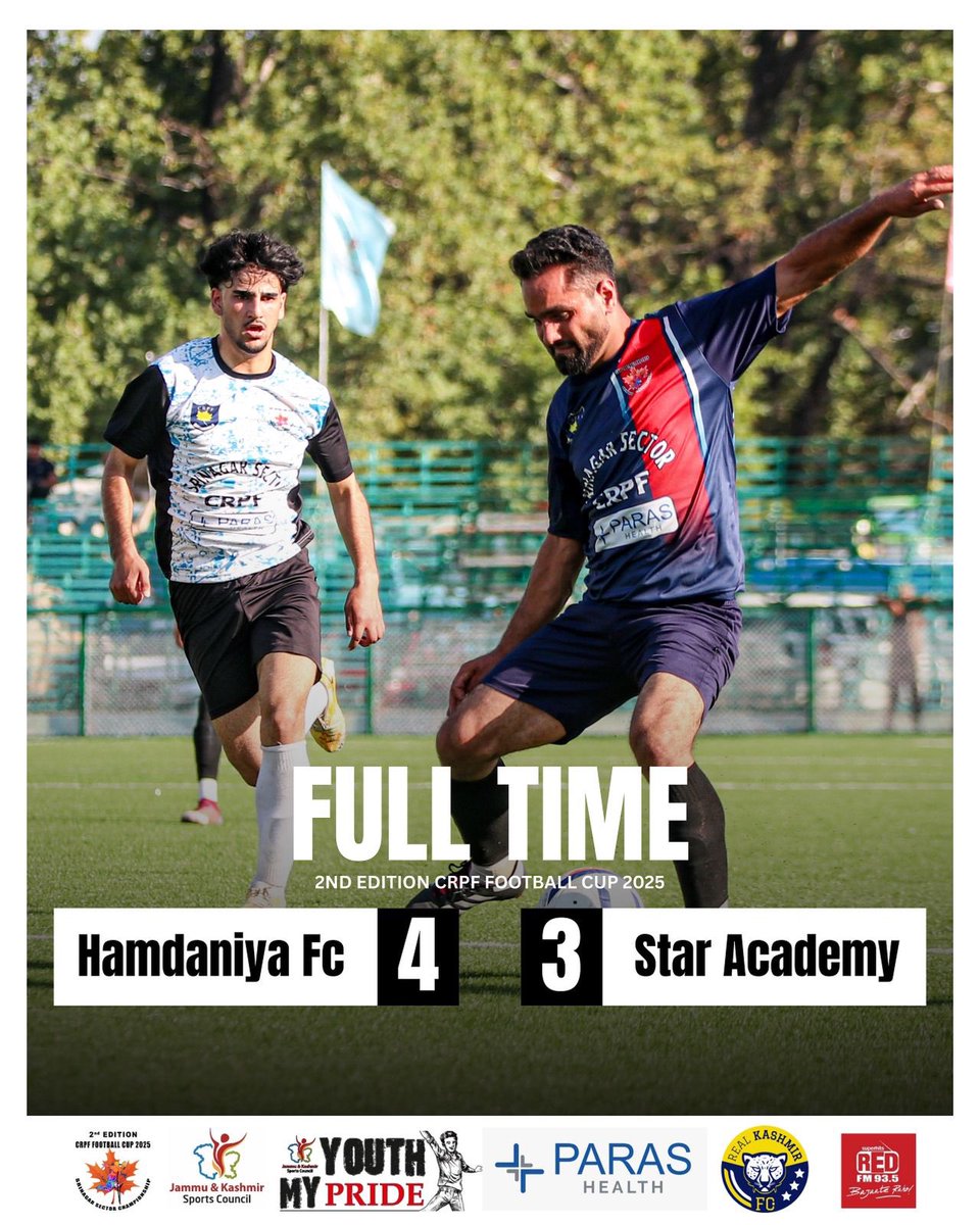 Day 1| Match 1 of 2nd Edition CRPF Football Cup 2025

Hamdania FC emerged victorious over Star Academy with 4-3 win in a nail biting inaugural match at Synthetic Football Turf, TRC Srinagar today. Young footballer Suhail was adjudged POTM for his two match winning goals.