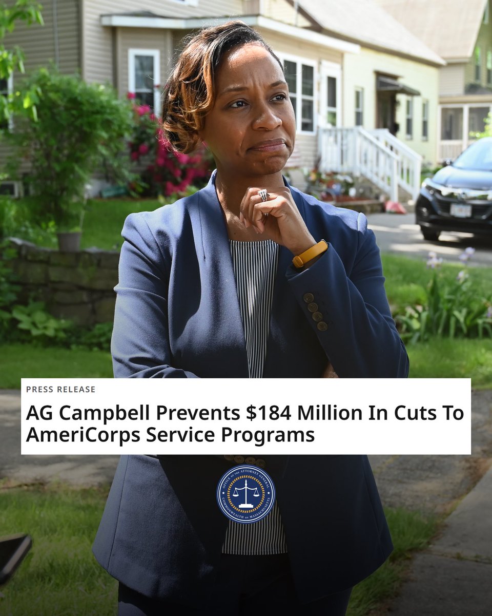 MassAGO's tweet photo. Faced with our lawsuit, the Trump Admin has rightly decided to release $184 million in funding that helps Mass. residents serve their communities. 
 
Our lawsuits are working, and we won’t stop fighting to hold the federal government accountable when they harm our residents. https://t.co/7exXUCqnNV