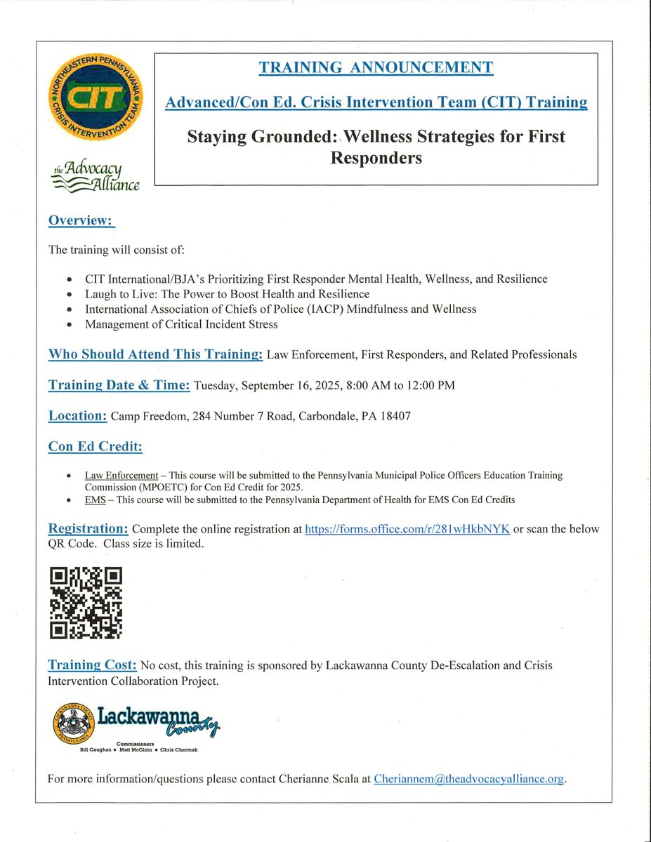 PlanningCounty's tweet image. Registration is still open!! 

Please note we are not requiring participants to be CIT Trained to participate in this training; however, registration is required.  

Both EMS and MPOETC continuing education credits have been approved for this training.