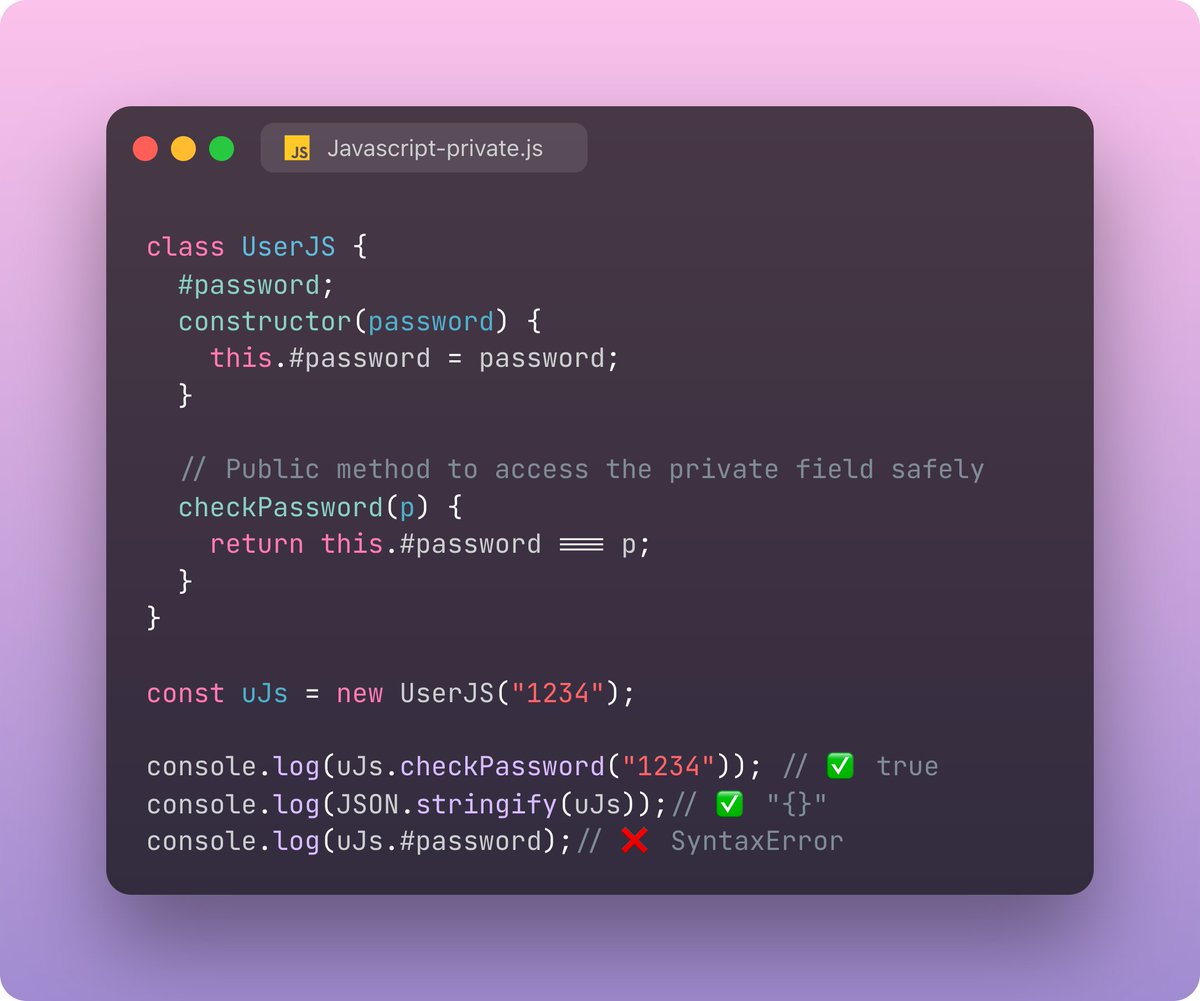 CodeBlitz's tweet image. #TypeScript private is compile-time only. #JavaScript private is runtime enforced.

TypeScript private
 Compile-time only.
 At runtime, it’s just a normal property.

JavaScript #private
 Runtime enforced (ES2022+).
 Truly hidden, you can’t access it from outside.
#reactjs #nextjs