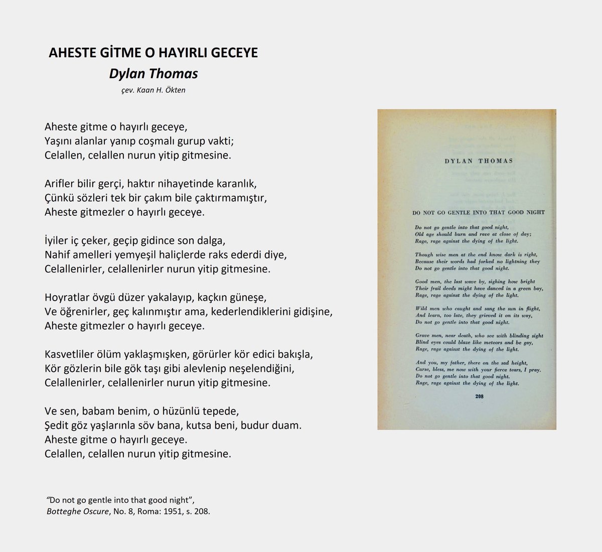 Dylan Thomas'ın 1951'de yayımlanan "Aheste gitme o hayırlı geceye / Do not go gentle into that good night" isimli müthiş şiirini çevirdim. Umarım beğenirsiniz...
