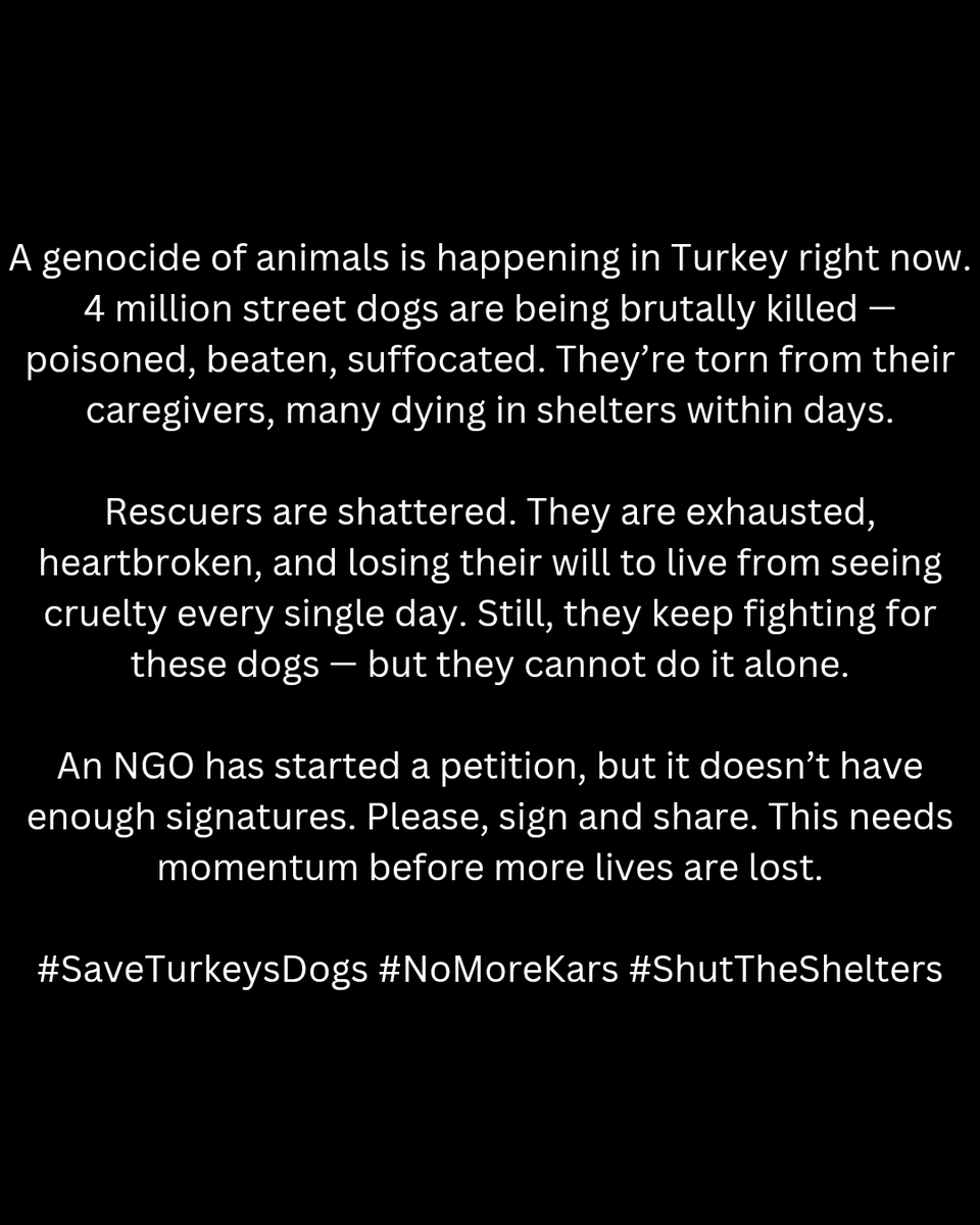 teteluvzs's tweet photo. millions of dogs are in danger. you can help by signing and sharing this petition. please help
https://t.co/5AveI1MeG4
#ShutTheShelters
#NoMoreKars #SaveTurkeyDogs https://t.co/fBvuZ80zzt