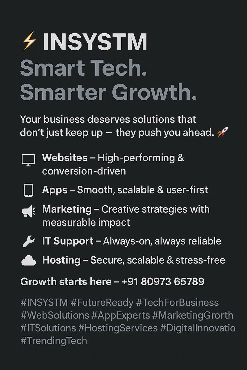 online_insystm's tweet image. 🚀 INSYSTM – Where Innovation Meets Growth
💻 Websites – Smart &amp;amp; conversion-driven
📱 Apps – Secure &amp;amp; scalable
📣 Marketing – Strategies that spark results
🛠️ IT Support – Proactive &amp;amp; reliable
☁️ Hosting – Safe &amp;amp; stress-free
📞 +91 80973 65789
#INSYSTM #DigitalExcellence