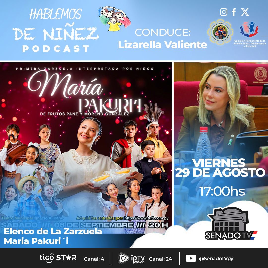 Hablemos de Niñez
Este viernes 29 de agosto a las 17:00 hs, recibimos al elenco infantil de la zarzuela “María Pakuri’i”, la primera interpretada por niños en nuestro país 🇵🇾.

Un espacio para conversar sobre arte, cultura y la importancia de fomentar el talento en la infancia.