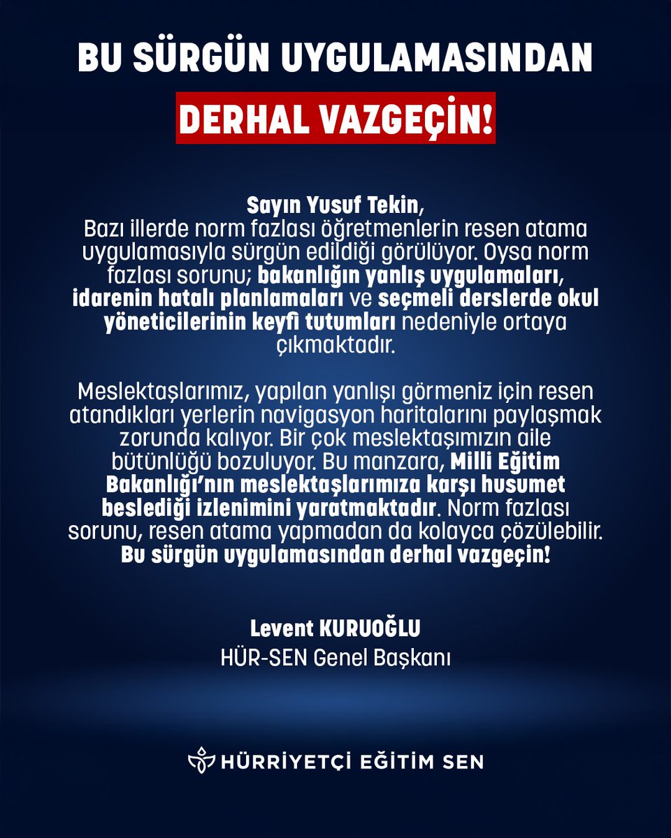 Hürriyetçi Eğitim Sen Genel Merkezi (@huregitimsen) on Twitter photo Norm fazlası sorunu, resen atama yapmadan da kolayca çözülebilir.
Bu sürgün uygulamasından derhal vazgeçin!
<a href="/HurEgitimSen/">Hürriyetçi Eğitim Sen Genel Merkezi</a>
<a href="/leventkuruoglu/">Levent Kuruoğlu</a>
<a href="/tcmeb/">Millî Eğitim Bakanlığı</a> Norm fazlası sorunu, resen atama yapmadan da kolayca çözülebilir.
Bu sürgün uygulamasından derhal vazgeçin!
<a href="/HurEgitimSen/">Hürriyetçi Eğitim Sen Genel Merkezi</a>
<a href="/leventkuruoglu/">Levent Kuruoğlu</a>
<a href="/tcmeb/">Millî Eğitim Bakanlığı</a>