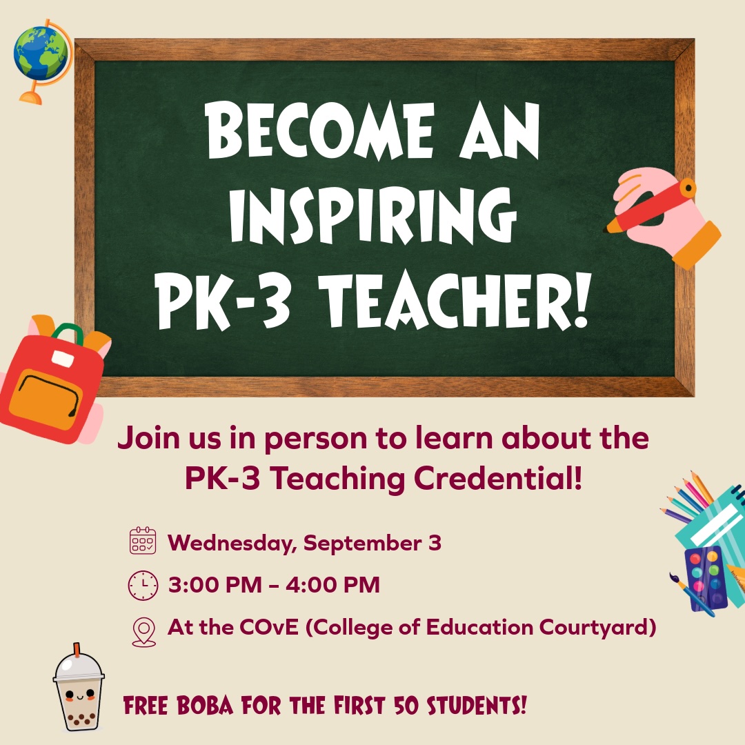 CSUDHEducation's tweet image. Attention LBS seniors!

Ready to inspire the next generation of learners?
Join us in person next week to explore how you can become an inspiring teacher for early childhood students (Preschool–3rd grade). 🍎✨

See you next week!

#PK3credential #CSUDH