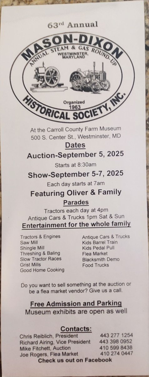 Be sure to check out the Mason Dixon Historical Society Tractor Show aka Steam Show Days at the Farm Museum this September 5th through the 7th. Admission is free!