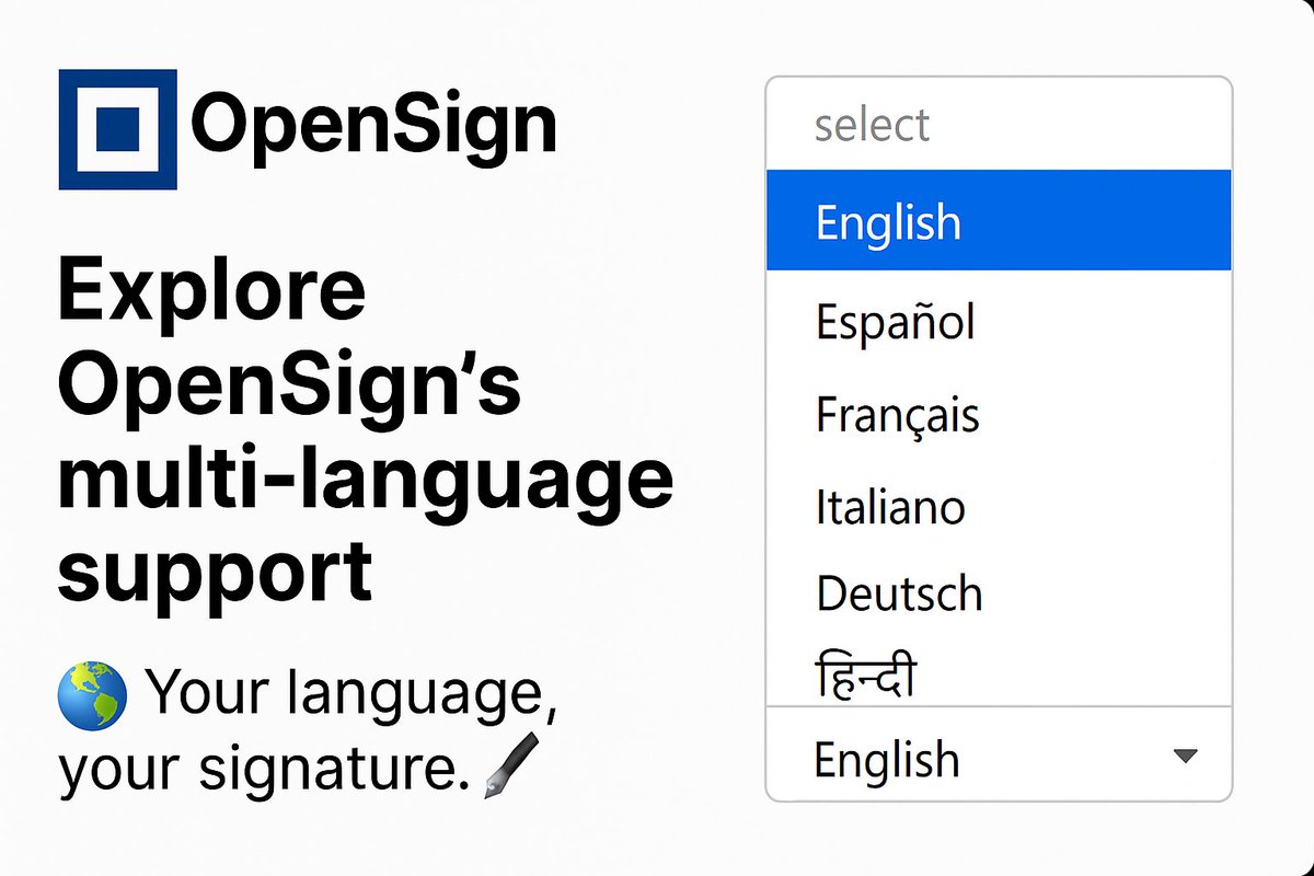 🌍 Explore OpenSign’s multi-language support and sign documents in the language you’re most comfortable with.
🖊️ Your language, your signature. ✨ 

#OpenSign #DigitalSignatures #Multilingual #docusign