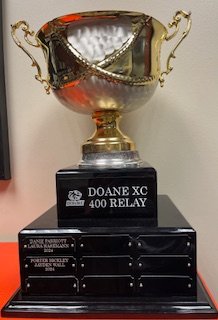 Yesterday we ran our Annual Doane XC Relay. It has been going on for years. We started a new tradition last year with this trophy. 

Winning women's team: 
Ashlei McDonald &amp; Alison Bradford

Winning men's team &amp; two time champions: 
Porter Bickley &amp; Jayden Wall