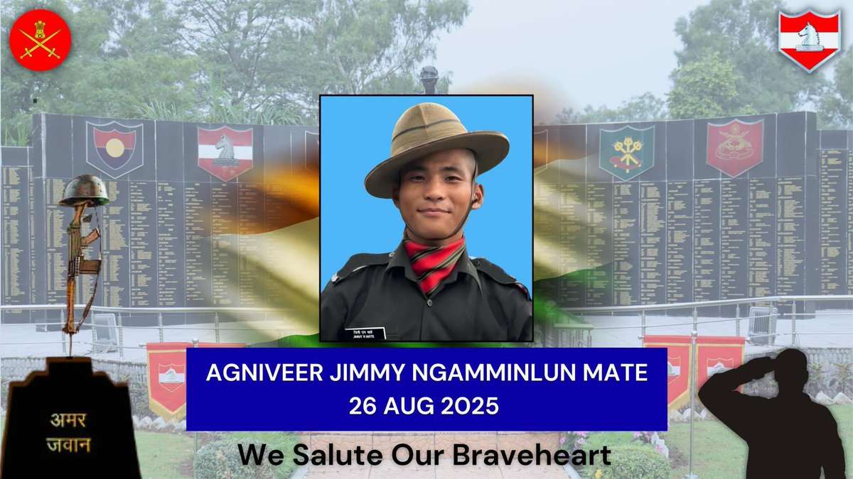 #𝐖𝐡𝐢𝐭𝐞𝐊𝐧𝐢𝐠𝐡𝐭𝐂𝐨𝐫𝐩𝐬 | 𝐒𝐮𝐩𝐫𝐞𝐦𝐞 𝐒𝐚𝐜𝐫𝐢𝐟𝐢𝐜𝐞

#GOC #WhiteKnightCorps and all ranks pay solemn tribute to Agniveer Jimmy Ngamminlun Mate, who made the supreme sacrifice during an anti-flood evacuation operation in general area of Akhnoor on 26 Aug 2025.