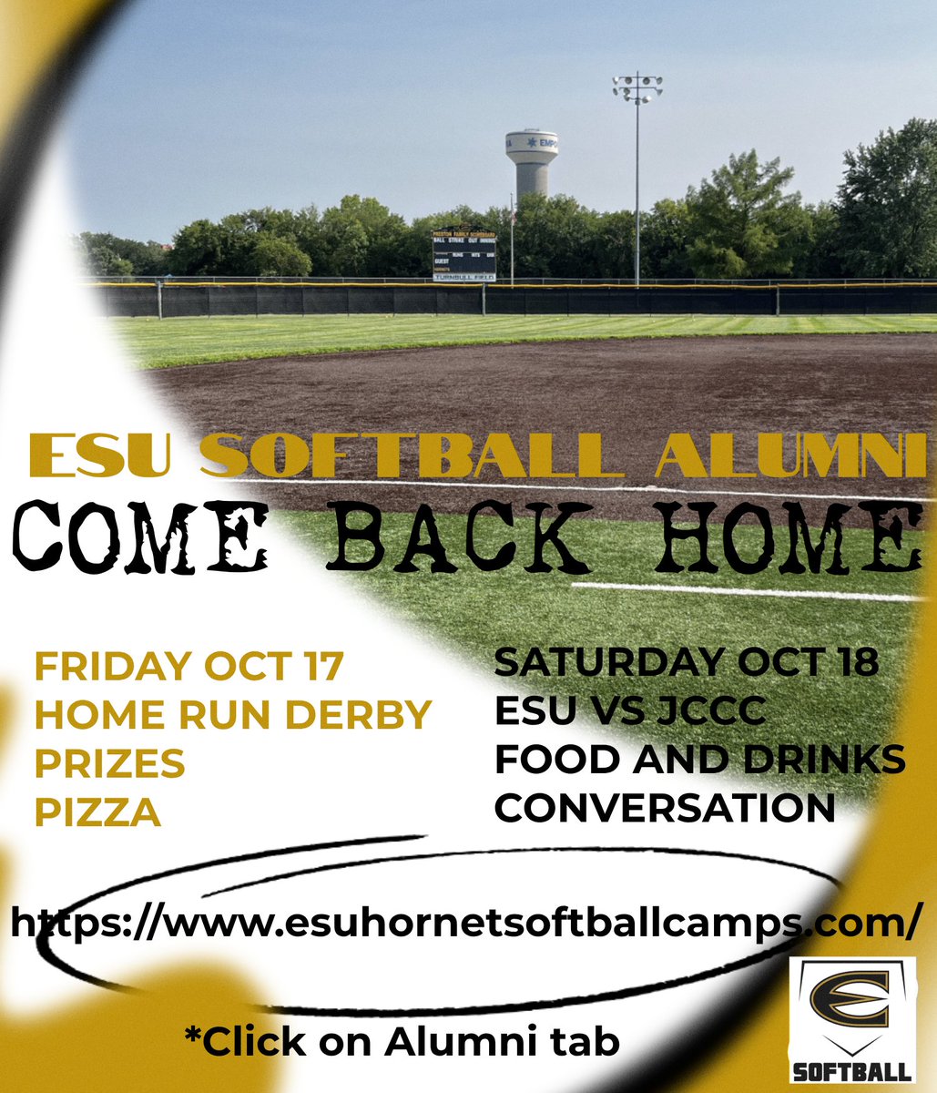 ALUMNI, ALUMNI, ALUMNI--COME BACK HOME! Sign up now to get some swings in the HR Derby and stay for Saturday to watch the Hornets play host to Johnson County! It's going to be a good time! #StingersUp

esuhornetsoftballcamps.com