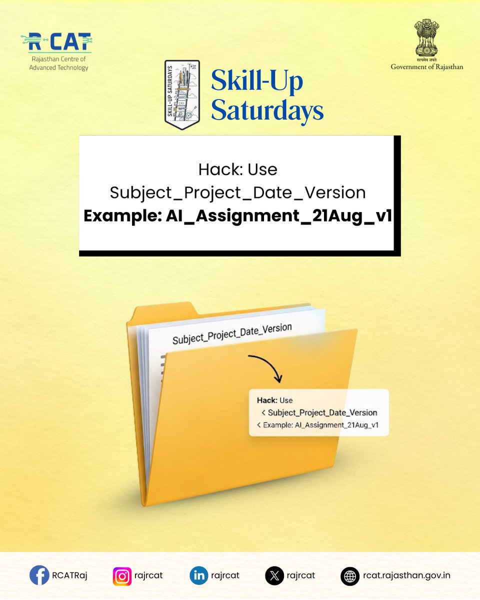 rajrcat's tweet image. Final.docx… Final_v2… Final_FINAL…” → sounds familiar? 
 Hack it with:
  Subject_Project_Date_Version
  Example: AI_Assignment_21Aug_v1

Clean file names = less confusion, faster submissions.

#SkillUpSaturday #SmartStudent #ProductivityHacks #StudyTips #DigitalOrganization