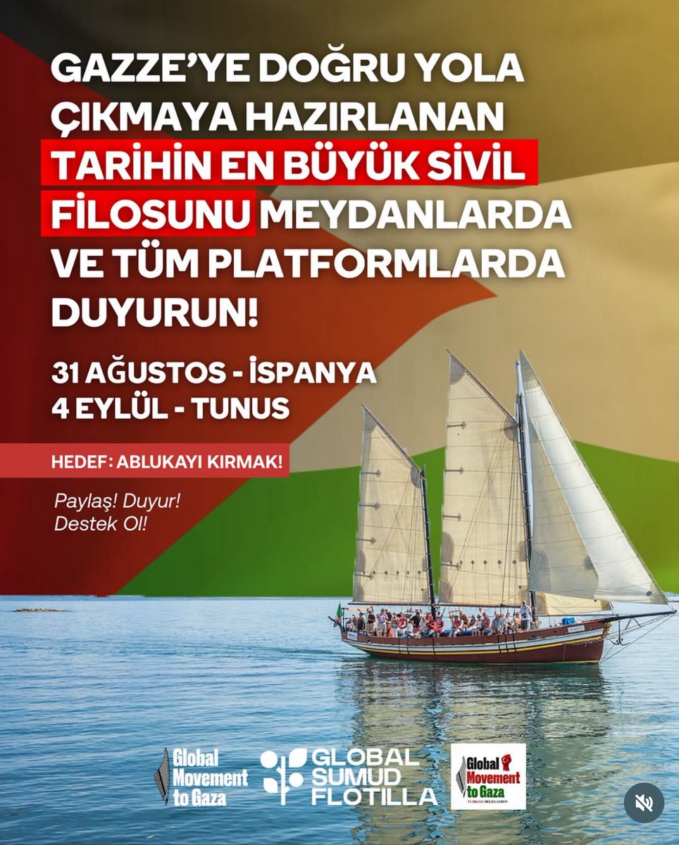 Tüm Filistin gönüllüleri adına dünyanın sivil vicdanını Gazze’ye taşıyacak olan gemiler yakında yola çıkıyor. Herkesi bu sivil intifadaya ses olmaya çağırıyoruz. Haydi arkadaşlar! Kardeşlerimizi yalnız bırakmayalım.