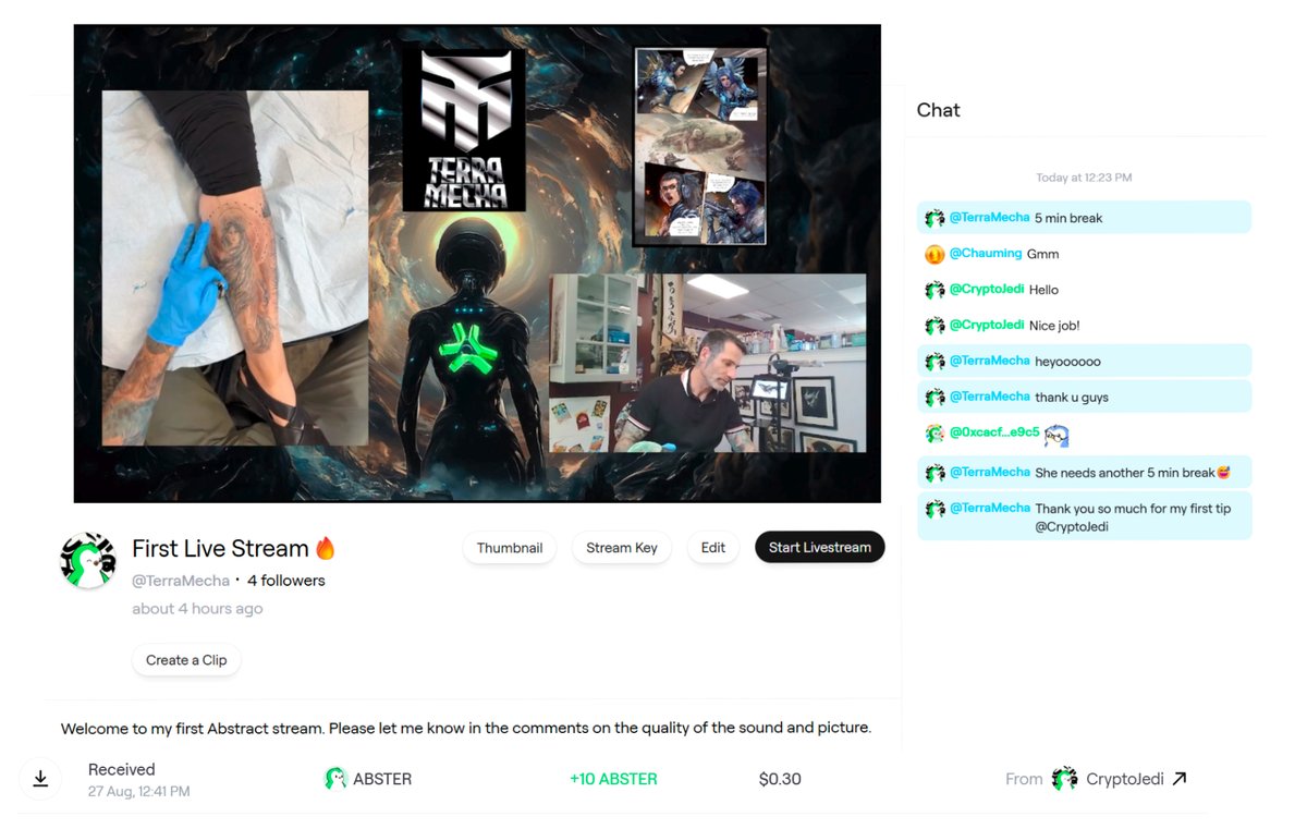 Our first <a href="/AbstractChain/">Abstract</a> stream in the books🔥
Thanks for the couple joiners and our first tip.💸

For then next few weeks we will be tipping $pengu
in the chat during tattoo live streams
So hop in, say what's up and 
drop your wallet in the comments🙏
#AbstractStreams