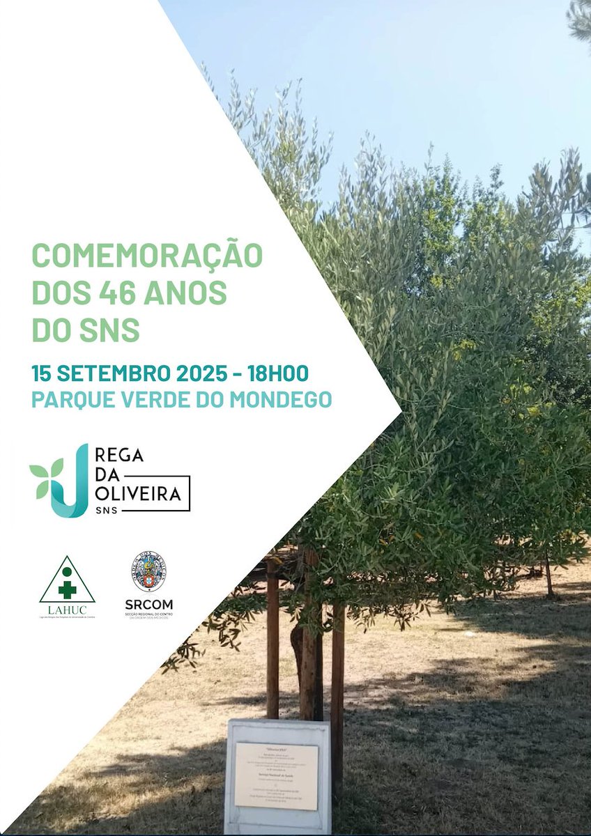 🌿 Rega simbólica da 'Oliveira SNS' 🌿 

🗓️ 15 de setembro 
📍 Parque Verde do Mondego, Coimbra
⏰ 18h00

Marque na sua agenda e junte-se a nós para celebrar o compromisso com o Serviço Nacional de Saúde, com os seus profissionais e com todos os que dele dependem.