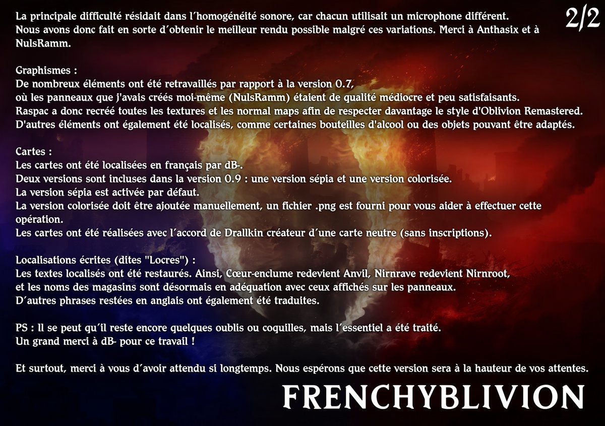 Bonjour à toutes et tous.

C’est le grand jour pour nous, la version 0.9 est enfin disponible !

Deux images présentent le contenu de cette version.

Le mod est téléchargeable dès maintenant sur notre site :
frenchyblivion.fr

Notre Discord :
discord.gg/5aMaWBdeXh