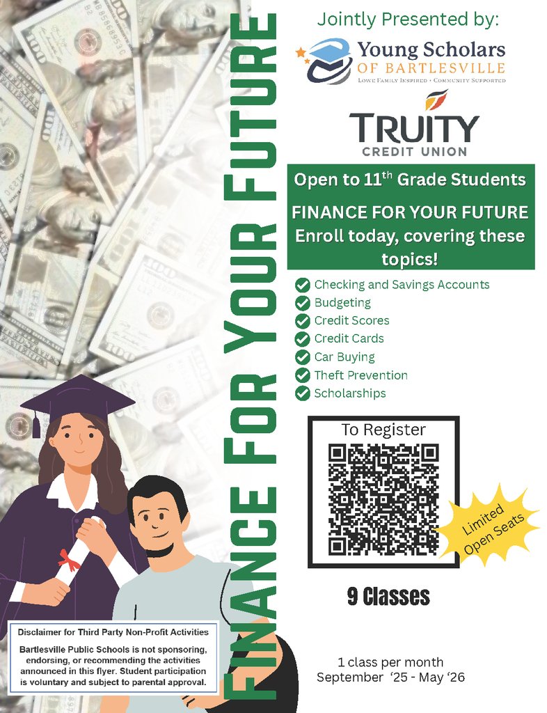 Finance for Your Future, brought to you by Young Scholars of Bartlesville and Truity Credit Union.
Register here: eleoonline.net/Pages/WebForms…