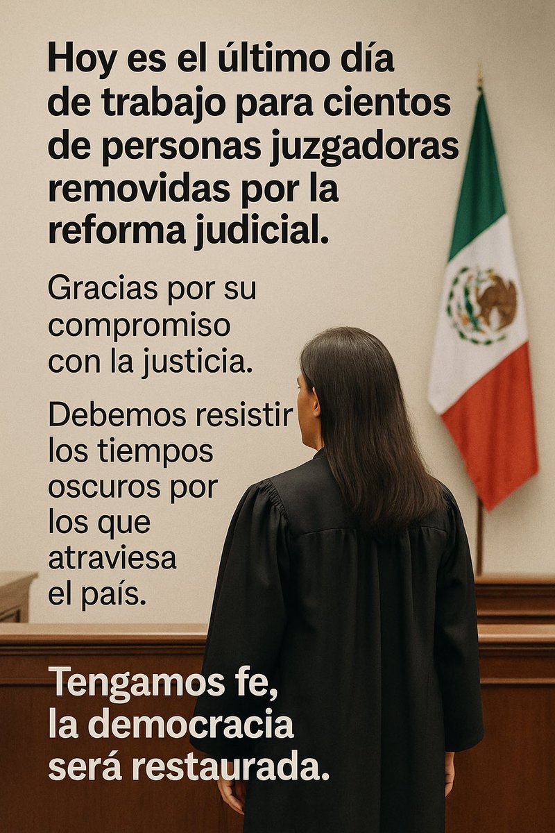 CarlosSotoM's tweet photo. Hoy es el último día de trabajo para cientos de personas juzgadoras removidas por la reforma judicial.
Gracias por su compromiso con la justicia.
Debemos resistir los tiempos oscuros por los que atraviesa el país.
Tengamos fe, la democracia será restaurada. https://t.co/zpNFV3NK5E