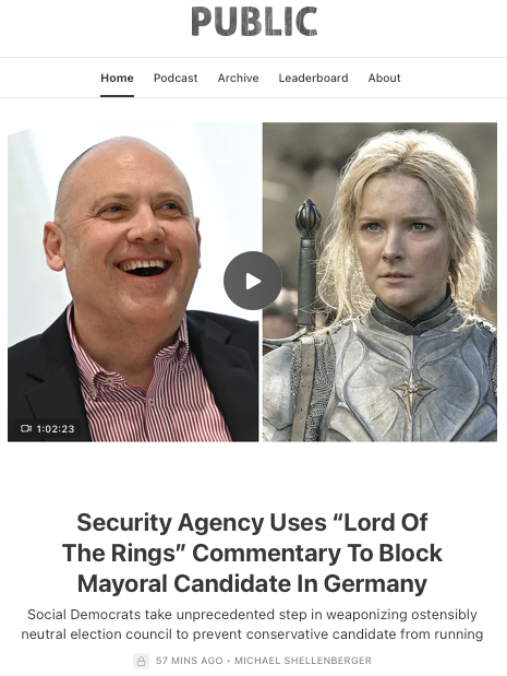 shellenberger's tweet image. America spends trillions on NATO to protect democracies including Germany. But it is has just prevented an opposition candidate from running for mayor for frivolous reasons including his praise for "Lord of the Rings." This is a clear violation of NATO's Charter.