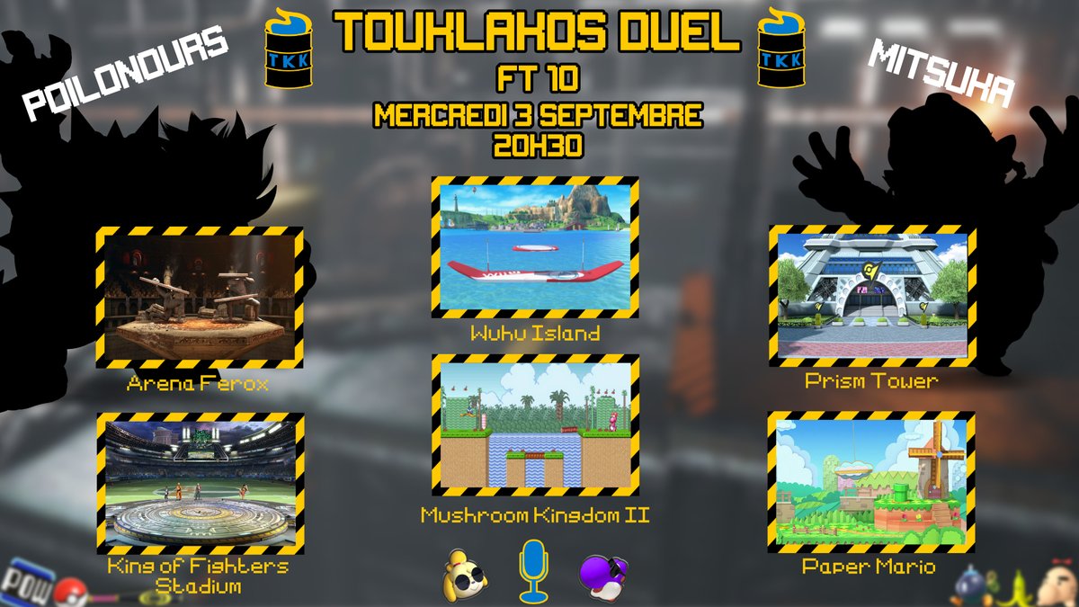 💥TOUKLAKOS CASUAL INVITATIONAL   

📅MERCREDI 3 SEPTEMBRE - 20H30
👊<a href="/Poilonours/">BLZ | Poilonours</a> VS <a href="/Mitsuka_smash/">Mitsuka</a> 
⚔️FIRST TO 10 
🪃ITEMS &amp; ALEAS DE STAGES 
🎙️CAST FT. <a href="/Gremont_S/">BLZ | Grémont</a>

Un duel aux couleurs de la récente crewbattle Amiens oldgen VS newgen !

Lien du stream :
twitch.tv/Pipou_Choupinou