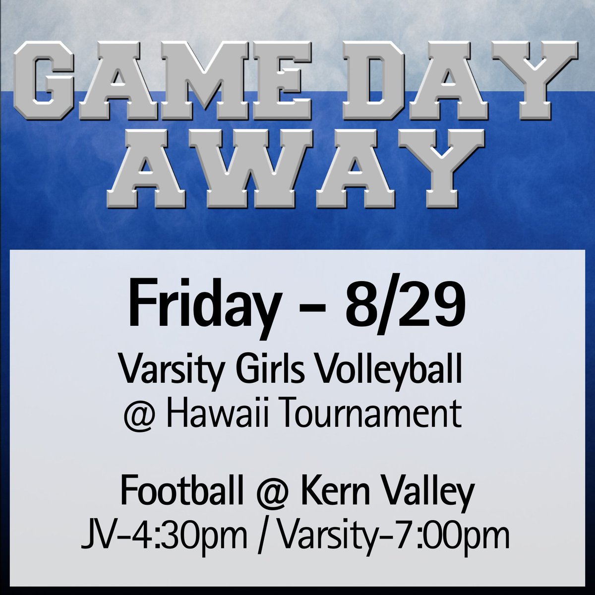 Immanuel Athletics (@ihsnation) on Twitter photo Away games for our athletes today!  Varsity volleyball continues their tournament in Hawaii and football travels to Kern Valley for games at 4:30pm and 7:00pm! 
#GoEagles Away games for our athletes today!  Varsity volleyball continues their tournament in Hawaii and football travels to Kern Valley for games at 4:30pm and 7:00pm! 
#GoEagles