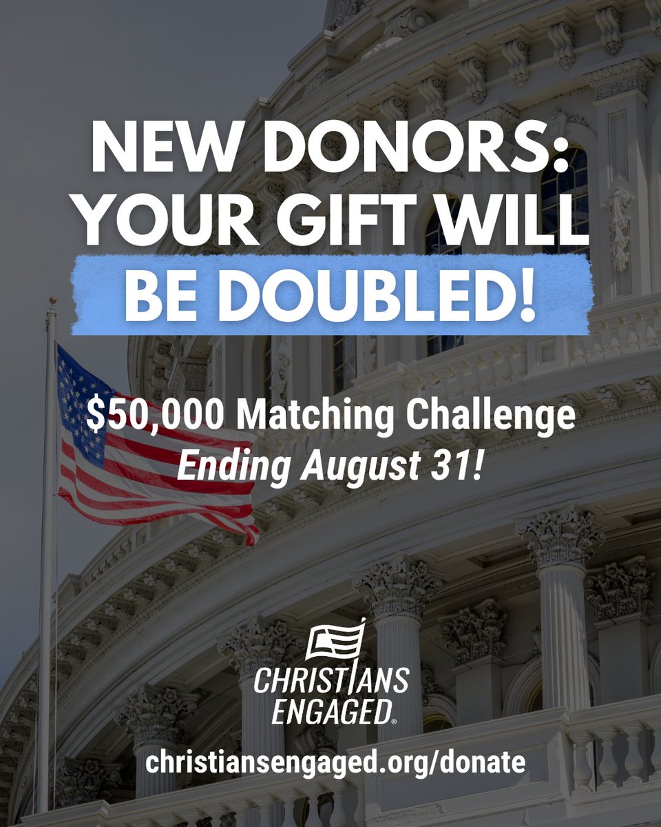 Christians Engaged (@prayvoteengage) on Twitter photo Your gift can reach twice as many believers! 🌟 Give by August 31 and every dollar will be matched up to $50,000.
Donate now: christiansengaged.org/donate Your gift can reach twice as many believers! 🌟 Give by August 31 and every dollar will be matched up to $50,000.
Donate now: christiansengaged.org/donate