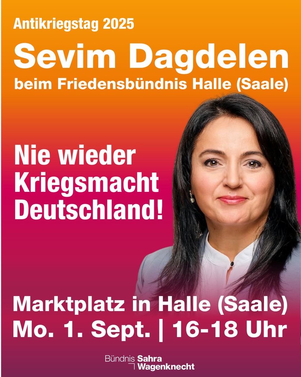 Wehrpflicht, Waffen, Wirtschaftskrieg – während Aufrüstung boomt, wird der Sozialstaat zerlegt. Zum Antikriegstag ruft die Friedensbewegung bundesweit zum Protest. Auch in #Halle ist das Friedensbündnis aktiv. Ich freue mich, am 1. September dabei zu sein!  #Antikriegstag